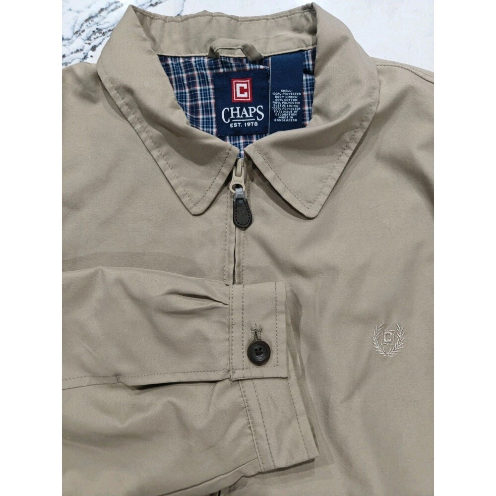 Chaps Mens Harrington Jacket Tan Khaki Full Zip Plaid Lined Windbreaker Large